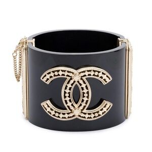 CHANEL Gold Plated Black Resin CC Hinged Bangle